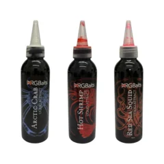 RG Liquid Attract 150ml Hot Shrimp, Arctic Crab and Red Sea Squid liquid attractors on a white background