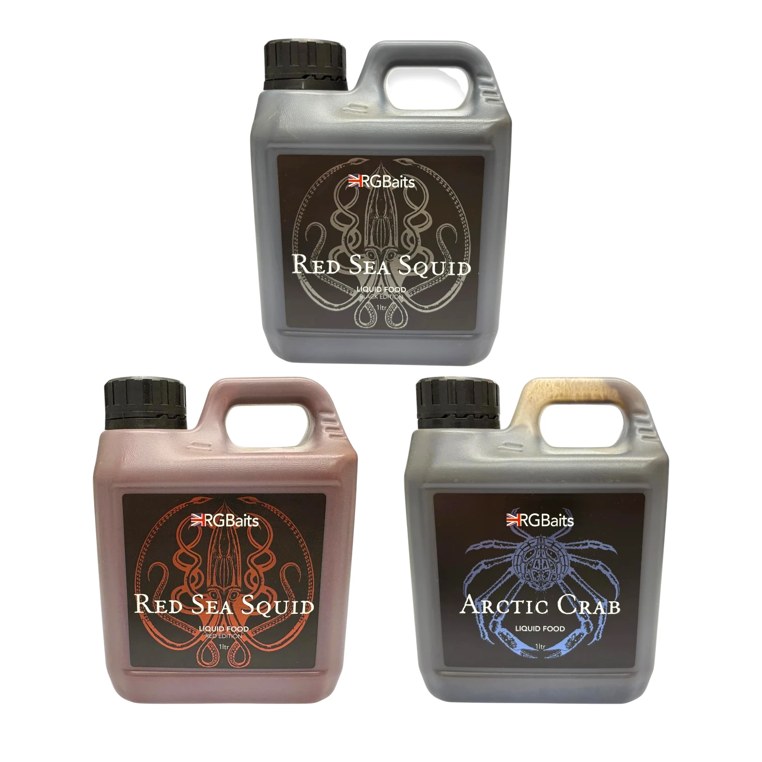 RG Baits Liquid Food 1 Litre range featuring Red Sea Squid Red Edition, Red Sea Squid Black Edition and Arctic Crab liquid bait additives on a white background