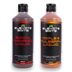 Elevate Baits 500ML Liquid range including Spicy Chorizo and Maple & Mulberry on a white background.
