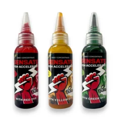 White background showing the full range of Fjuka Sensate Fish Accelerant Bait Dyes in Red, Yellow and Green colours