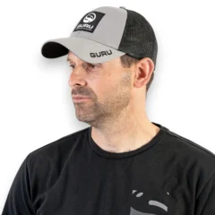 Guru Grey Patch Trucker Cap breathable grey mesh fishing cap with adjustable snapback fastening and premium Guru patch logo
