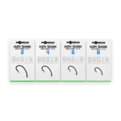 Full range of Korda Basix Kurv Barbed Hooks shown in packaging on a white background.