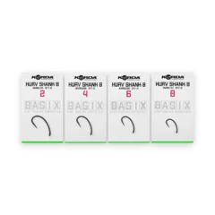 Full range of Korda Basix Kurv Barbless Hooks shown in packaging on a white background.