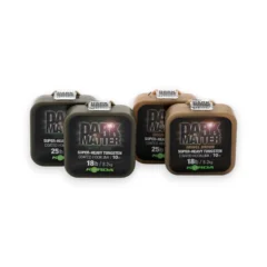 Full range of Korda Dark Matter Tungsten Coated Braid shown in packaging on a white background, including all colour options and breaking strains.
