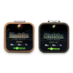 Korda Kable Tight Weave leadcore range in packaging on white background showing carp fishing leader material spools in multiple colours