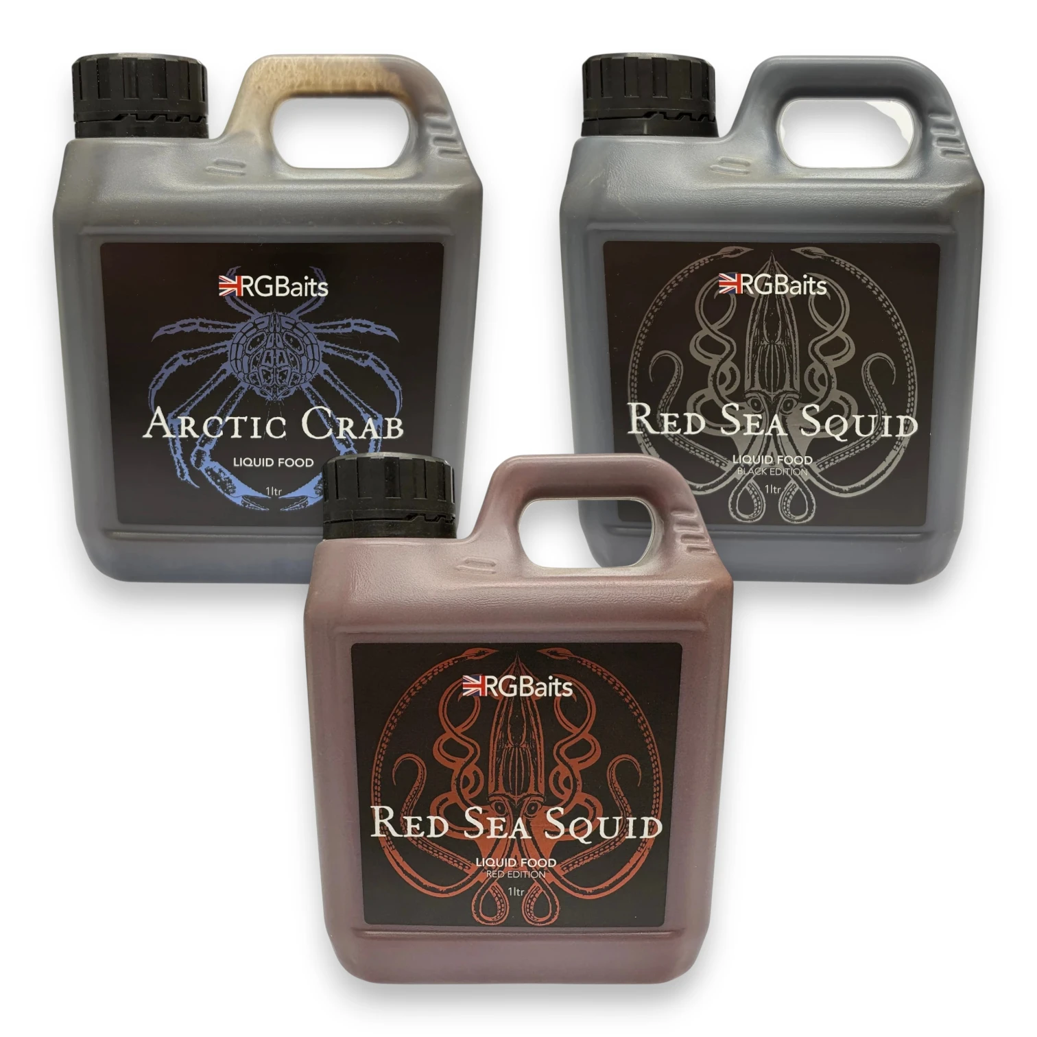 RG Baits Liquid Food 1 Litre range featuring Red Sea Squid Red Edition, Red Sea Squid Black Edition and Arctic Crab liquid bait additives on a white background