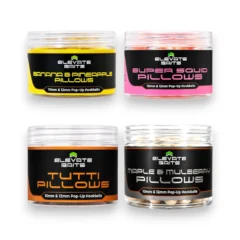 Elevate Baits Pillow Pop Up Hookbaits featuring Banana & Pineapple, Super Squid, Tutti, Maple & Mulberry, Garlic Infusion White and Garlic Infusion Black