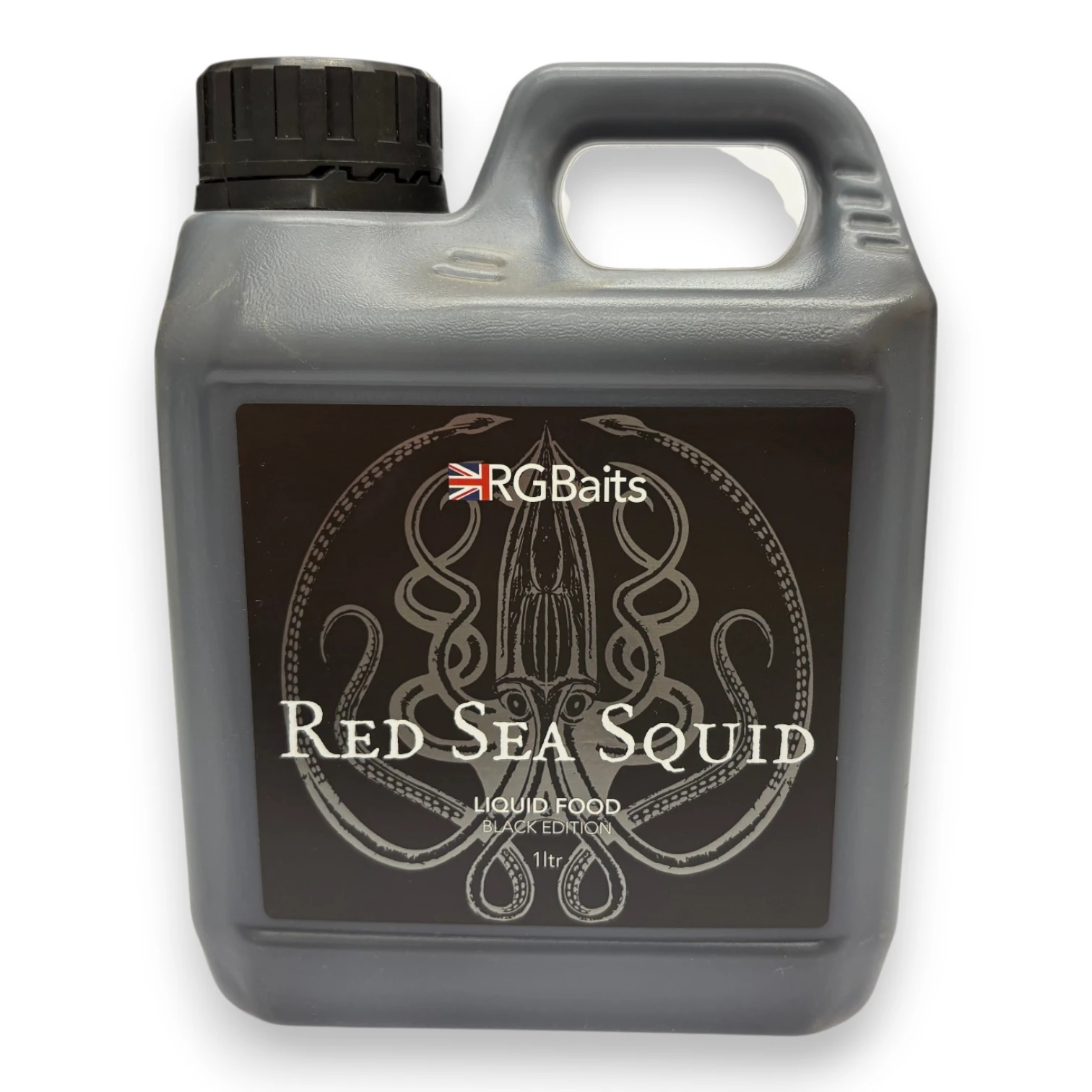 RG Baits Liquid Food 1 Litre Red Sea Squid Black Edition liquid bait additive on a white background