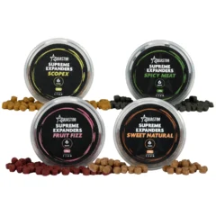 Aquastim Supreme Expanders 6mm hookbait pellets assorted flavours in pots with pellets displayed