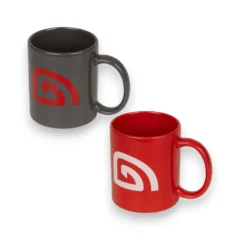 Trakker Red and Grey Mugs displayed together on a white background