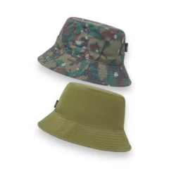 Trakker Reversible Bucket Hat showing both camo and green colour options on a white background
