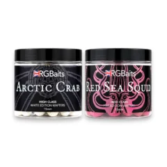 RG Baits Arctic Crab White Edition and Red Sea Squid Pink Edition Wafters 15mm hookbaits side by side