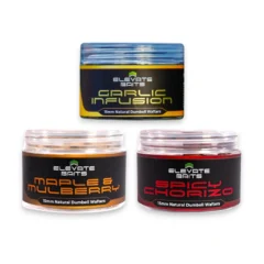 Elevate Baits Natural Dumbell Wafters range including Spicy Chorizo, Maple & Mulberry and Garlic Infusion on a white background.