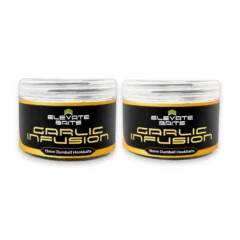 Elevate Baits Garlic Infusion Dumbbell Hookbaits collection featuring 15mm and 18mm hookbaits on a white background.