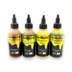 Ringers Glaze collection including Chocolate Orange, FX Caramel, Bananaroma and Pineapple liquid bait glazes on a white background
