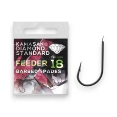 Kamasan Diamond Standard Feeder Spade Barbed Hooks packet shown with a close-up of the hook next to it on a white background.
