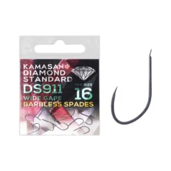 Kamasan Diamond Standard DS911 Wide Gape Barbless Hooks packet shown with a close-up of the hook beside it on a white background.
