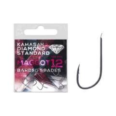 Kamasan Diamond Standard Maggot Barbed Hooks packet shown with a close-up of the hook next to it on a white background.