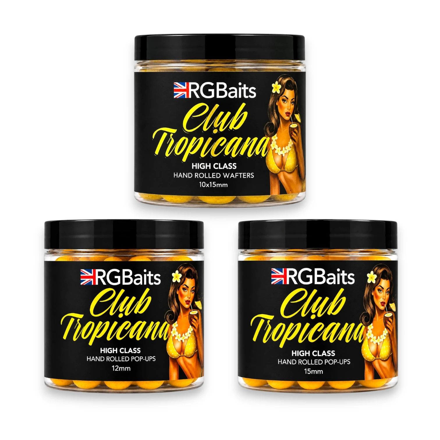RG Baits Club Tropicana High Class bait range showing 12mm Pop-Ups, 15mm Pop-Ups and 10x15mm Hand Rolled Wafters on a white background.
