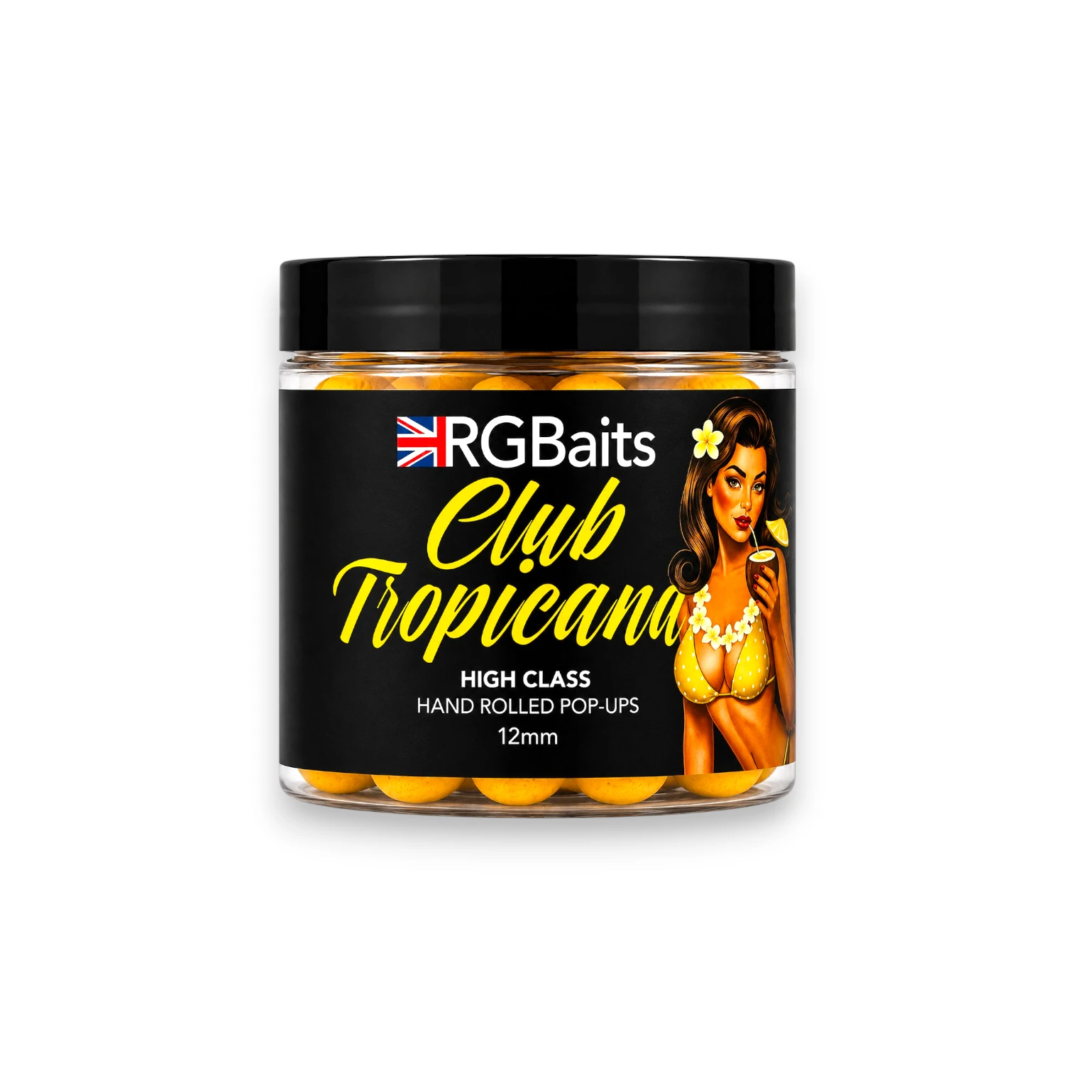 RG Baits Club Tropicana High Class Hand Rolled Pop-Ups 12mm yellow carp hookbaits in a clear tub with black label.