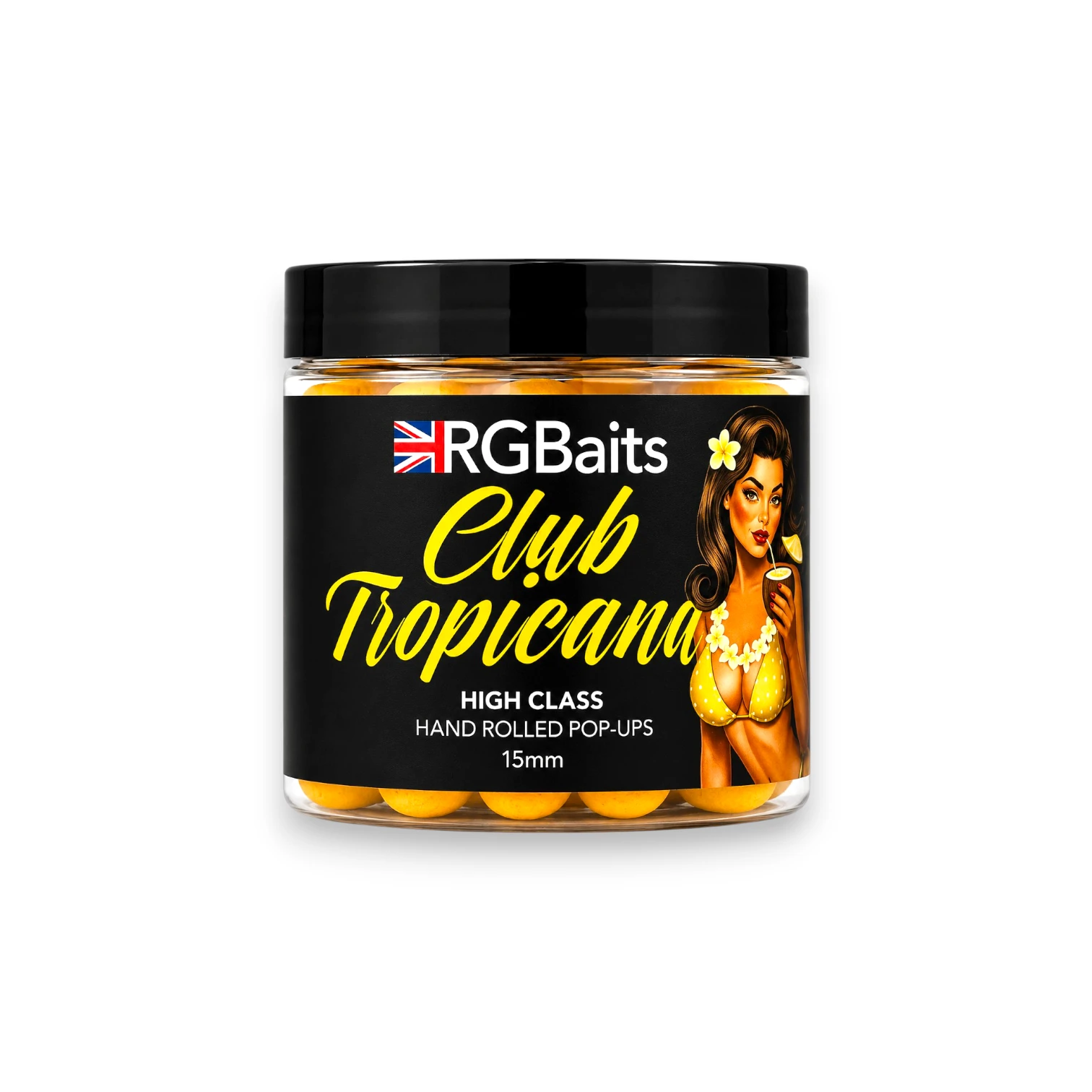 RG Baits Club Tropicana High Class Hand Rolled Pop-Ups 15mm yellow carp fishing hookbaits in a clear storage tub.