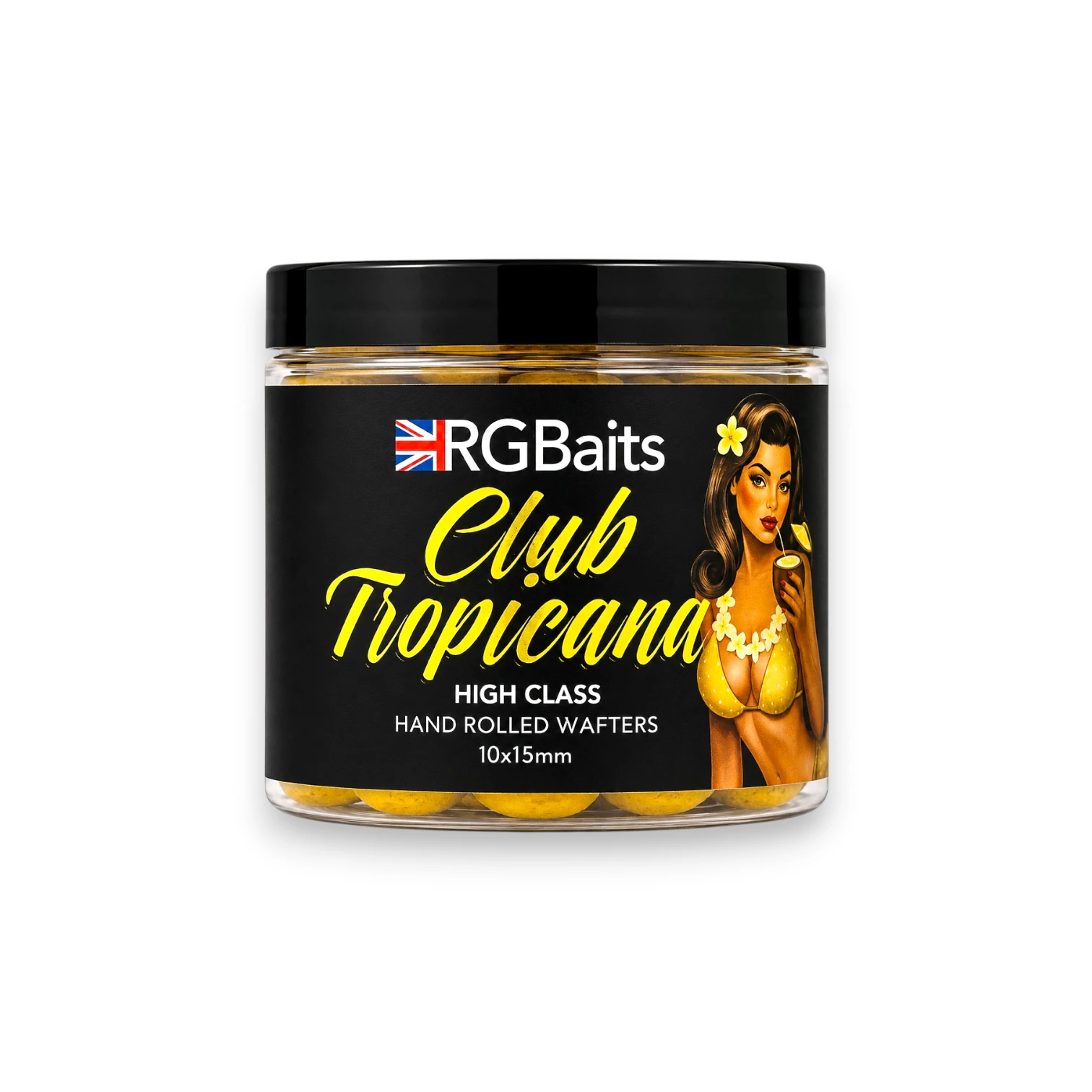 RG Baits Club Tropicana High Class Hand Rolled Wafters 10x15mm yellow balanced carp hookbaits in a clear tub.
