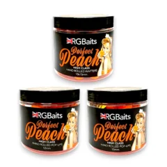 RGBaits Perfect Peach High Class range comparison showing 12mm Pop-Ups, 15mm Pop-Ups and 10x15mm Wafters on a white background.