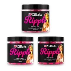 RG Baits Ripple range featuring 12mm and 15mm High Class Pop-Ups alongside 10x15mm Hand Rolled Wafters for carp fishing