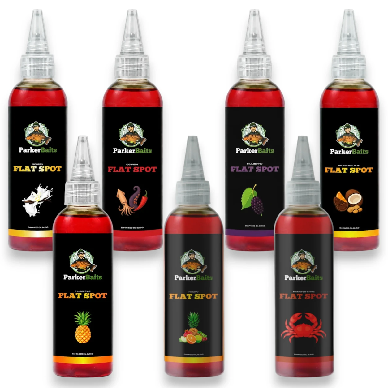 Parker Baits Flat Spot Liquid bottles displayed together showing the full range of available flavours