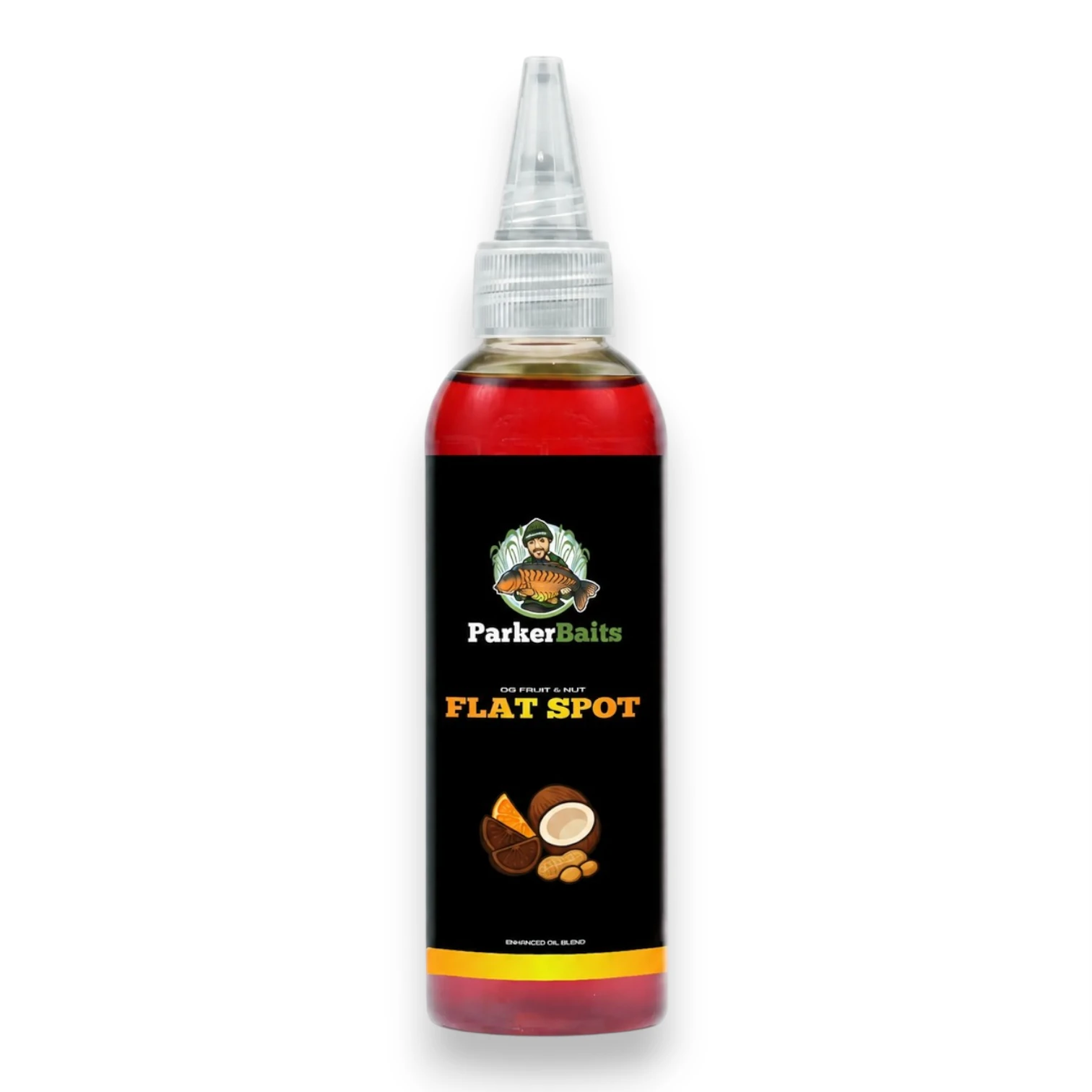 Parker Baits Flat Spot Liquid Fruit & Nut bottle shown individually in the original packaging