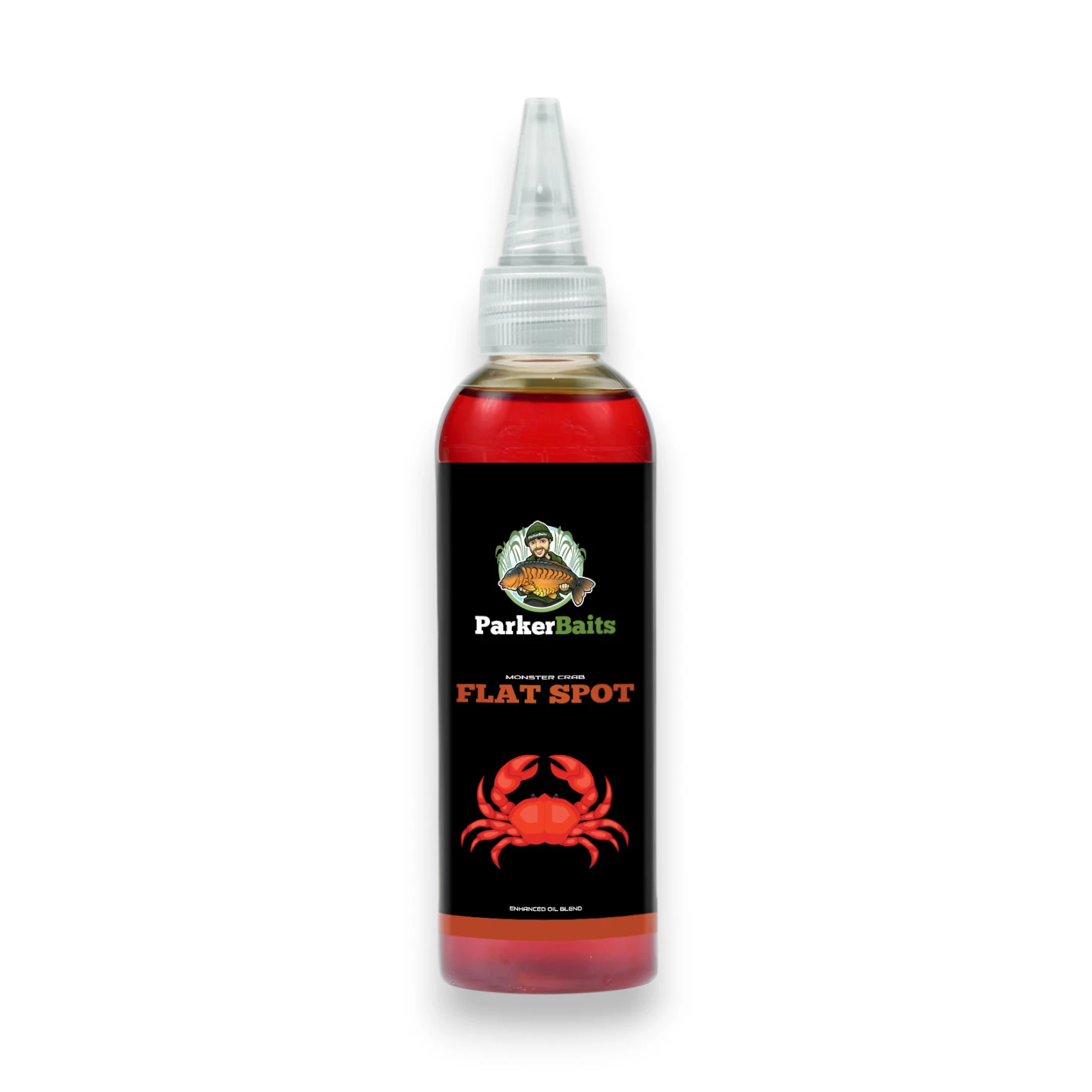 Parker Baits Flat Spot Liquid Monster Crab bottle shown from the front