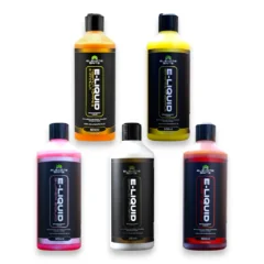 Elevate Baits E-Liquid enhancement liquid collection featuring Tigernut, Toffee & Vanilla, Banana Liquid, Super Squid, Garlic Infusion and Spicy Chorizo 500ml bottles on a white background.