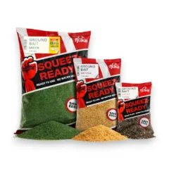 Fjuka Squeez-Ready Groundbait range on white background showing multiple flavours, colours and bag sizes