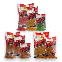 Fjuka Squeez-Ready Method Pellets full range on white background showing all bag sizes, colours and flavours