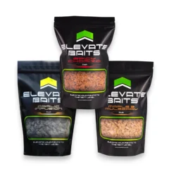 Elevate Baits 1KG Crush range including Garlic Infusion, Maple & Mulberry and Spicy Chorizo on a white background.