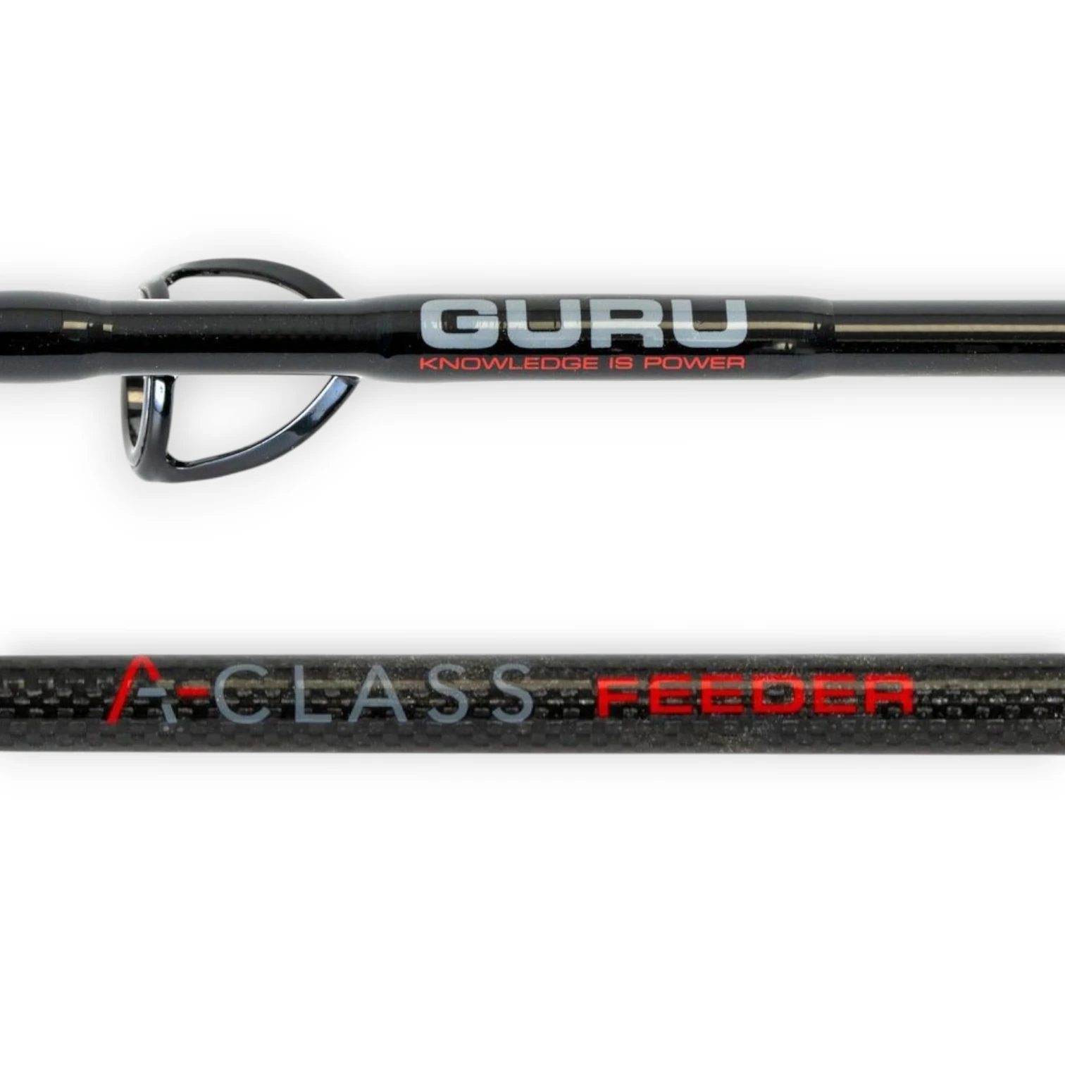 Close up of Guru A-Class Method Feeder rod carbon blank and guide ring eye on white background showing rod detail