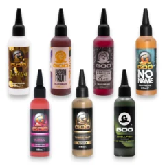 Selection of Korda Kiana Carp Goo attractor liquids shown on a white background.
