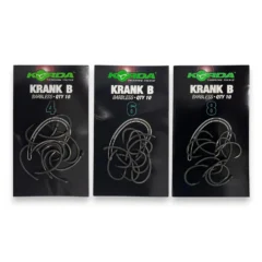 Korda Krank B Barbless Hooks range in retail packaging on white background showing multiple hook sizes