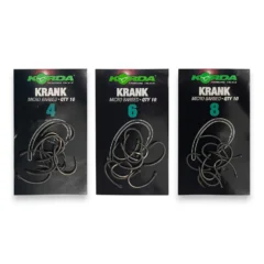 Korda Krank Barbed Hooks full range in retail packaging on white background showing multiple hook sizes