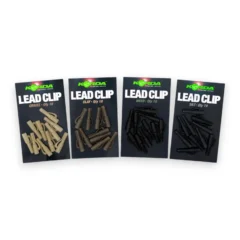 Korda Lead Clips full range in retail packaging on white background showing multiple carp fishing lead clip sizes