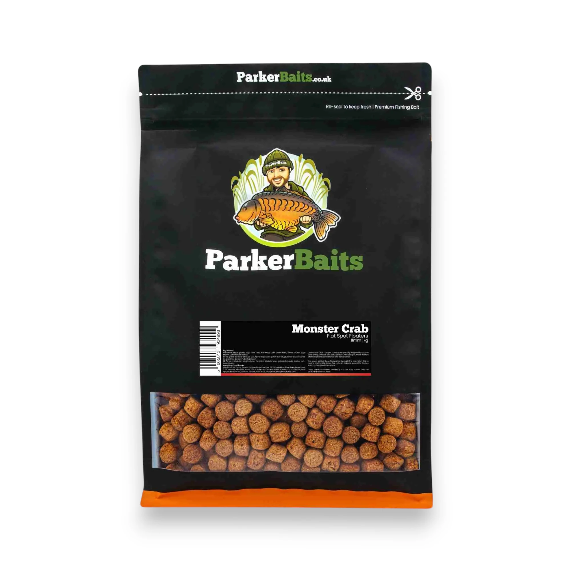 Parker Baits Flat Spot Floaters Monster Crab on white background showing floating carp bait pellets