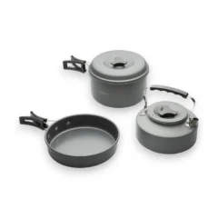 Trakker Armolife Complete Cookware Set showing the frying pan, saucepan with lid and kettle on a white background
