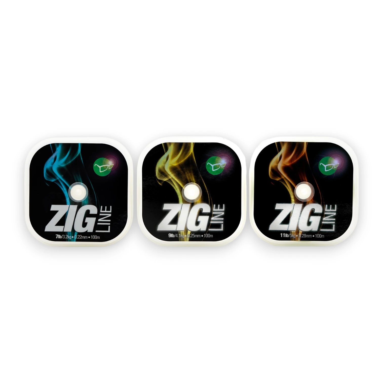 Korda Zig Line 100m range showing all breaking strain options on a white background