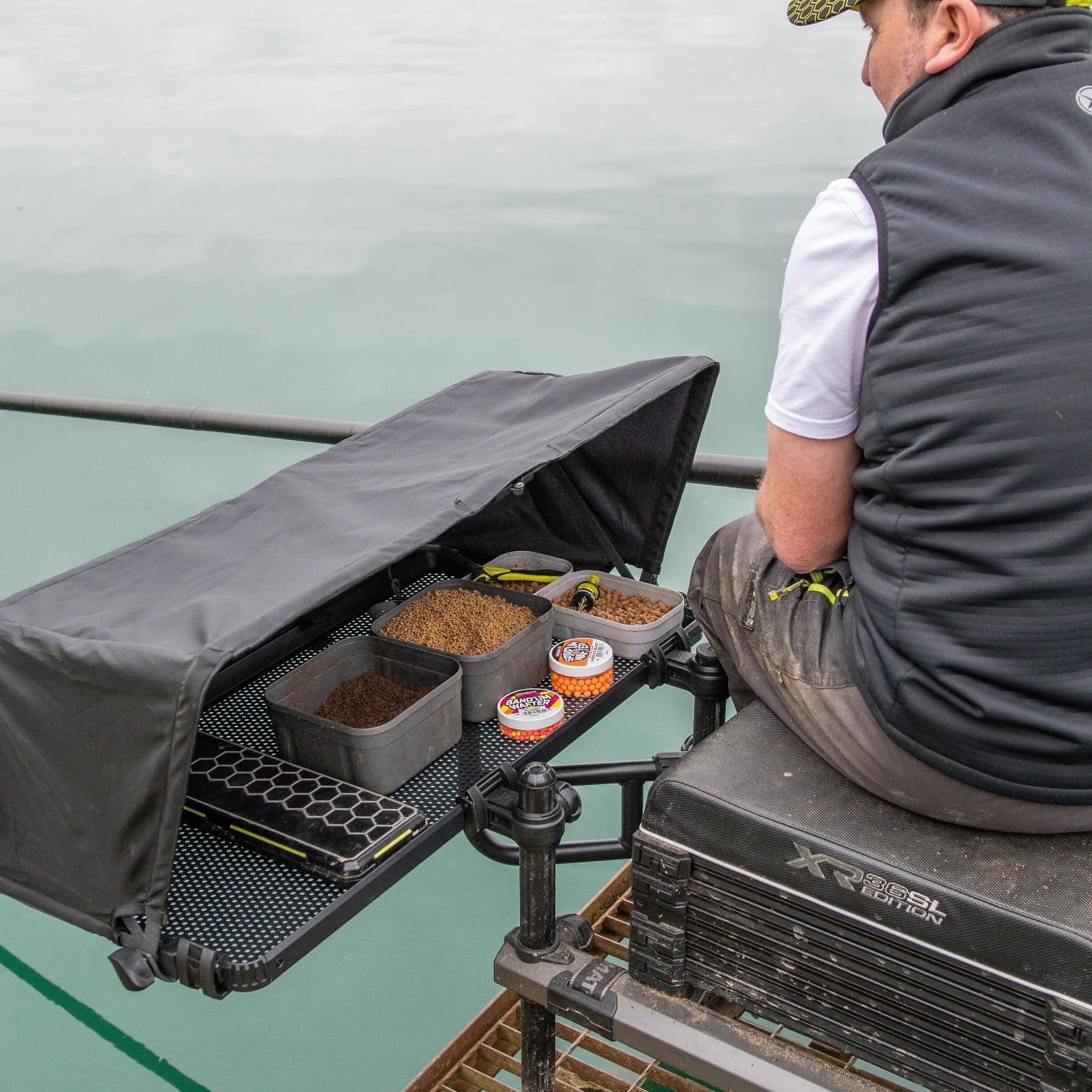 Matrix Sliding Side Tray and Cover in use during a fishing session with bait and tackle organised on the tray