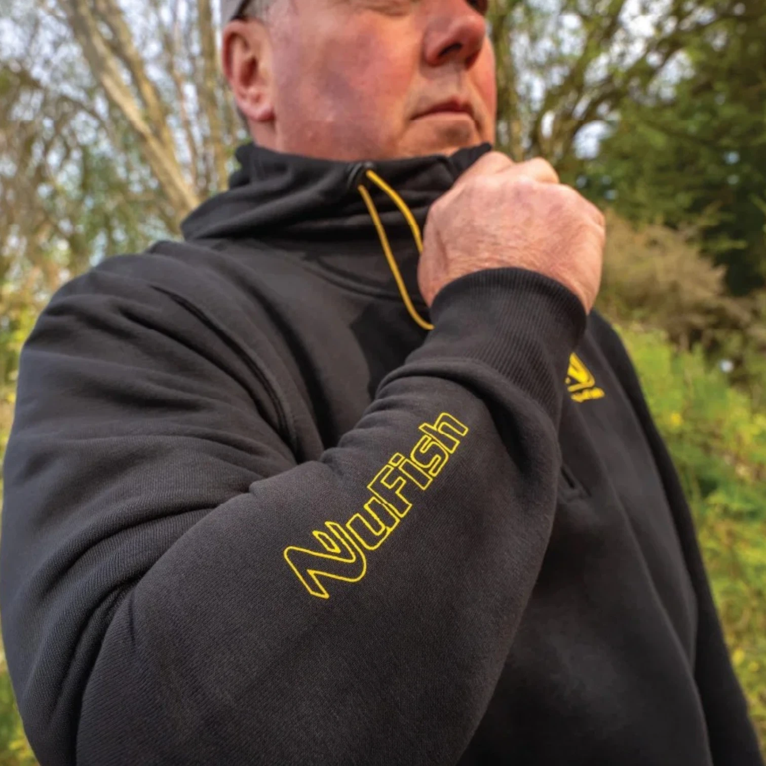 Close up of NuFish Quarter Zip Hoodie zip fastening and high collar detail