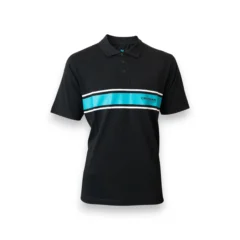 Drennan Aqua Stripe Polo shown from the front featuring the black and aqua design with a buttoned collar
