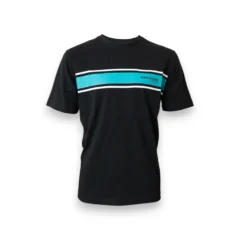 Drennan Aqua Stripe T-Shirt shown from the front featuring the black and aqua design with a crew neck