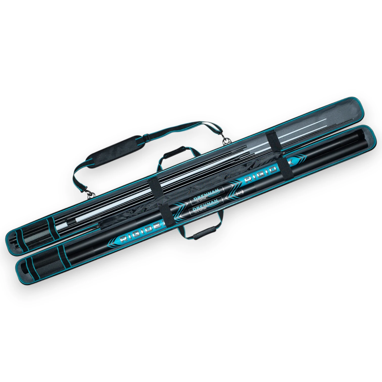 Drennan Compact Pole Case shown fully open displaying the padded interior, internal Velcro retaining straps, and storage for pole sections and top kits