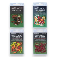 Drennan Buoyant Bait Maggots and Casters shown in the original retail packaging displaying the realistic floating artificial hookbaits