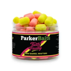 Parker Baits Tutti Fruity Barrel Wafters 15mm tub shown from the front with the lid closed
